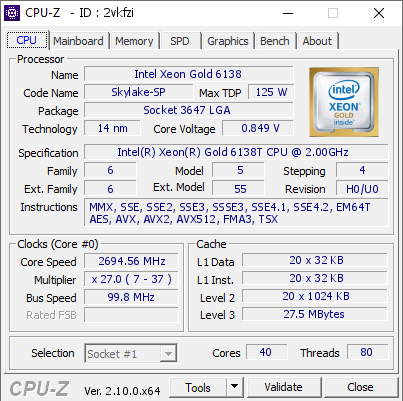 Intel Xeon Gold 6138 @ 2694.56 MHz - CPU-Z VALIDATOR