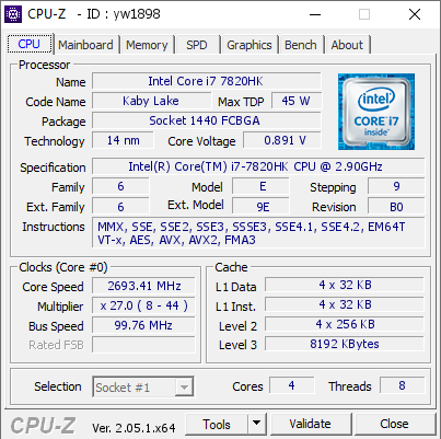 Intel Core i7 7820HK @ 2693.41 MHz - CPU-Z VALIDATOR