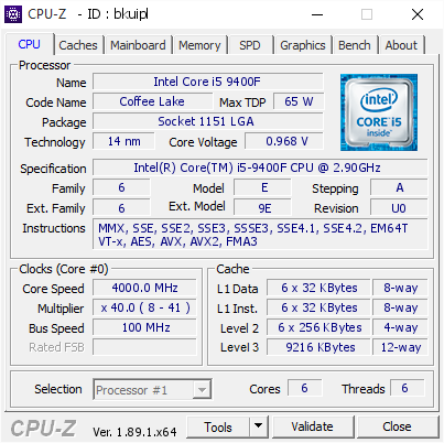Intel Core i5 9400F @ 4000 MHz - CPU-Z VALIDATOR