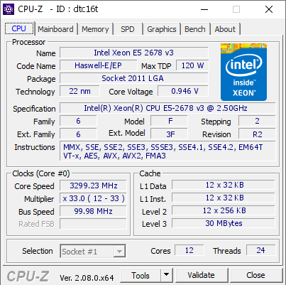 Intel Xeon E5 2678 v3 @ 3299.23 MHz - CPU-Z VALIDATOR