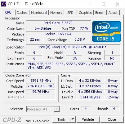 Intel Core i5 3570 @ 3591.43 MHz - CPU-Z VALIDATOR