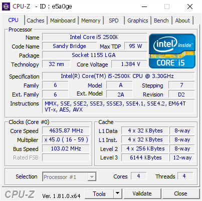 Intel Core i5 2500K @ 4635.87 MHz - CPU-Z VALIDATOR