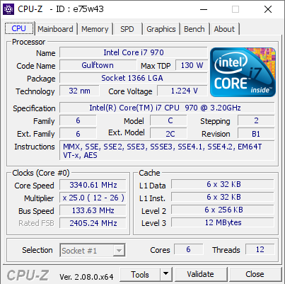 Intel Core i7 970 @ 3340.61 MHz - CPU-Z VALIDATOR