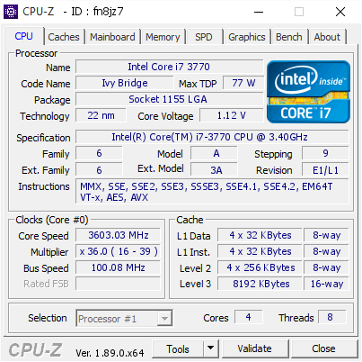 Intel Core i7 3770 @ 3603.03 MHz - CPU-Z VALIDATOR
