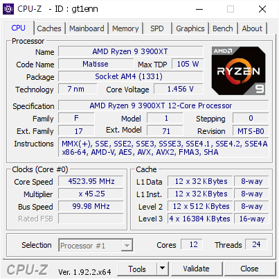 AMD Ryzen 9 3900XT @ 4523.95 MHz - CPU-Z VALIDATOR