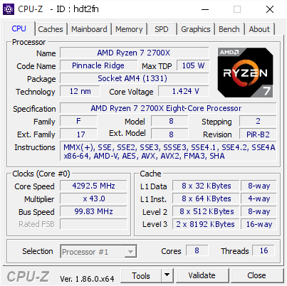 AMD Ryzen 7 2700X @ 4292.5 MHz - CPU-Z VALIDATOR