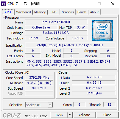 Intel Core i7 8700T @ 3792.59 MHz - CPU-Z VALIDATOR