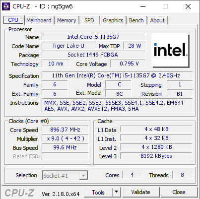 Intel Core i5 1135G7 @ 896.37 MHz - CPU-Z VALIDATOR