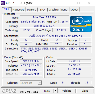 Intel Xeon E5 2689 @ 3299.23 MHz - CPU-Z VALIDATOR