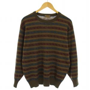 茶タグ ヴィンテージ ニット セーター ロゴライン 長袖 L 茶 ブラウン