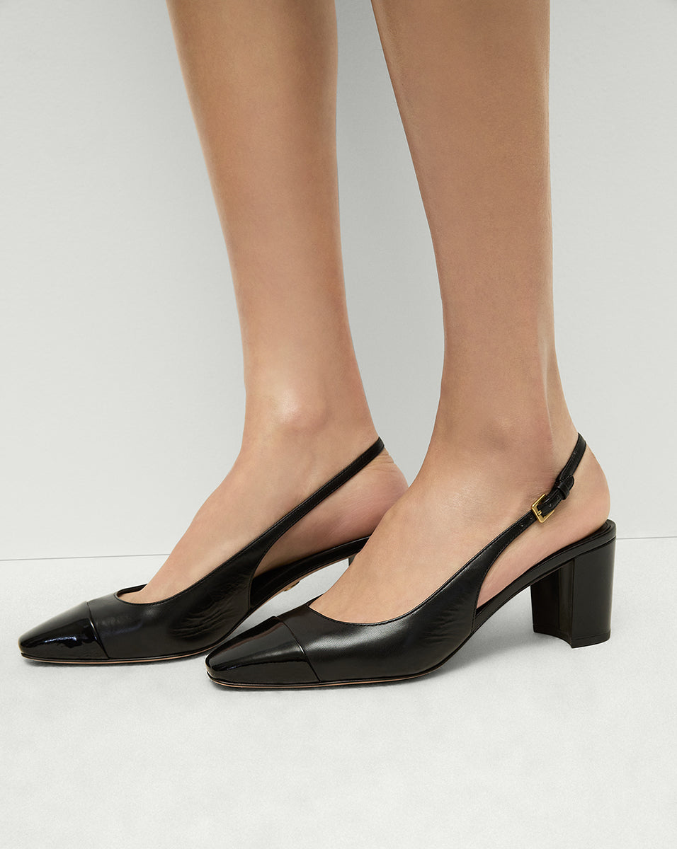 Cecile Leather Cap-Toe Slingback Pump in Black| Veronica Beard