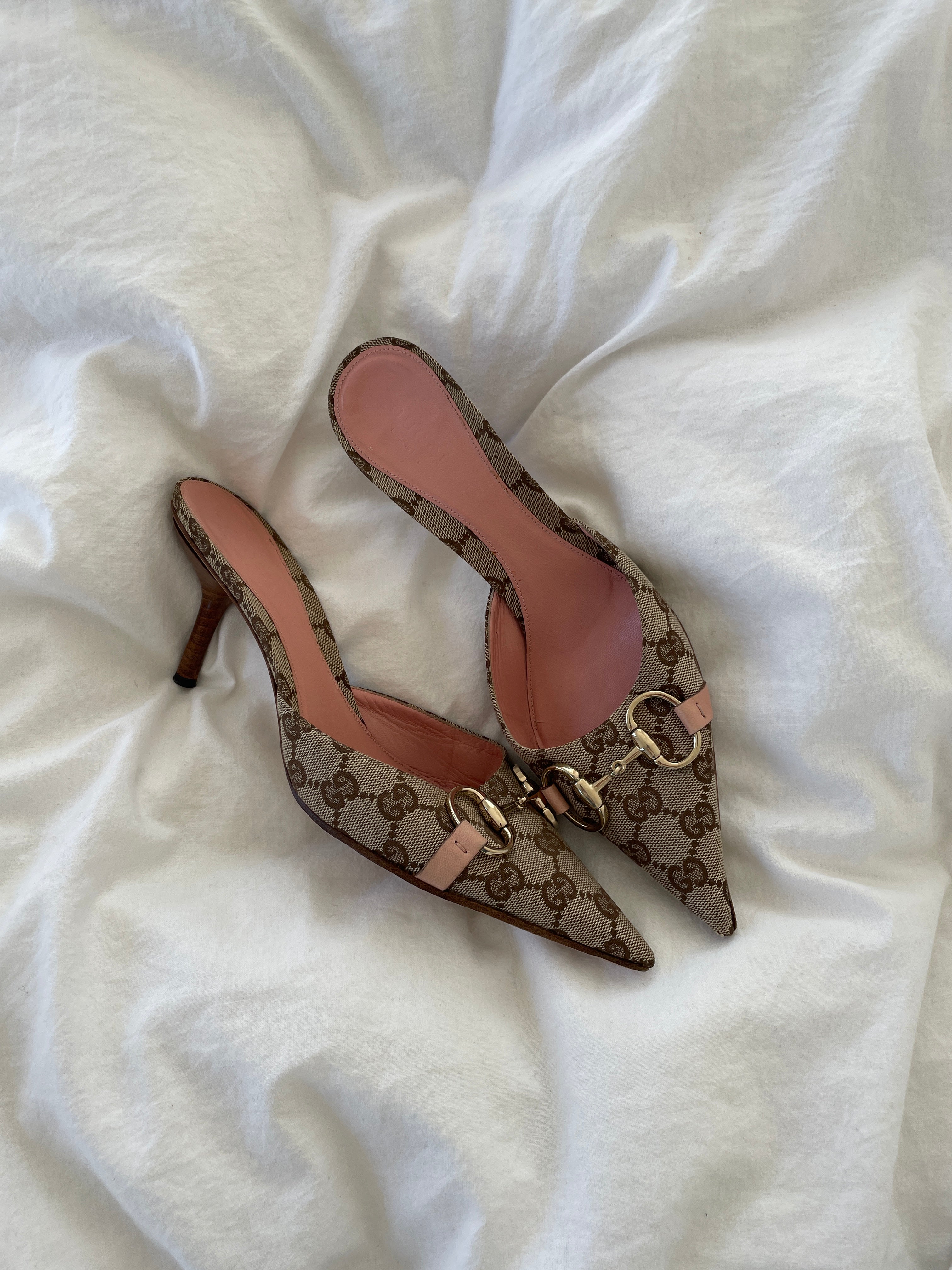 Gucci 2000s by Tom Ford pink horsebit monogram mules (EU 35 / US