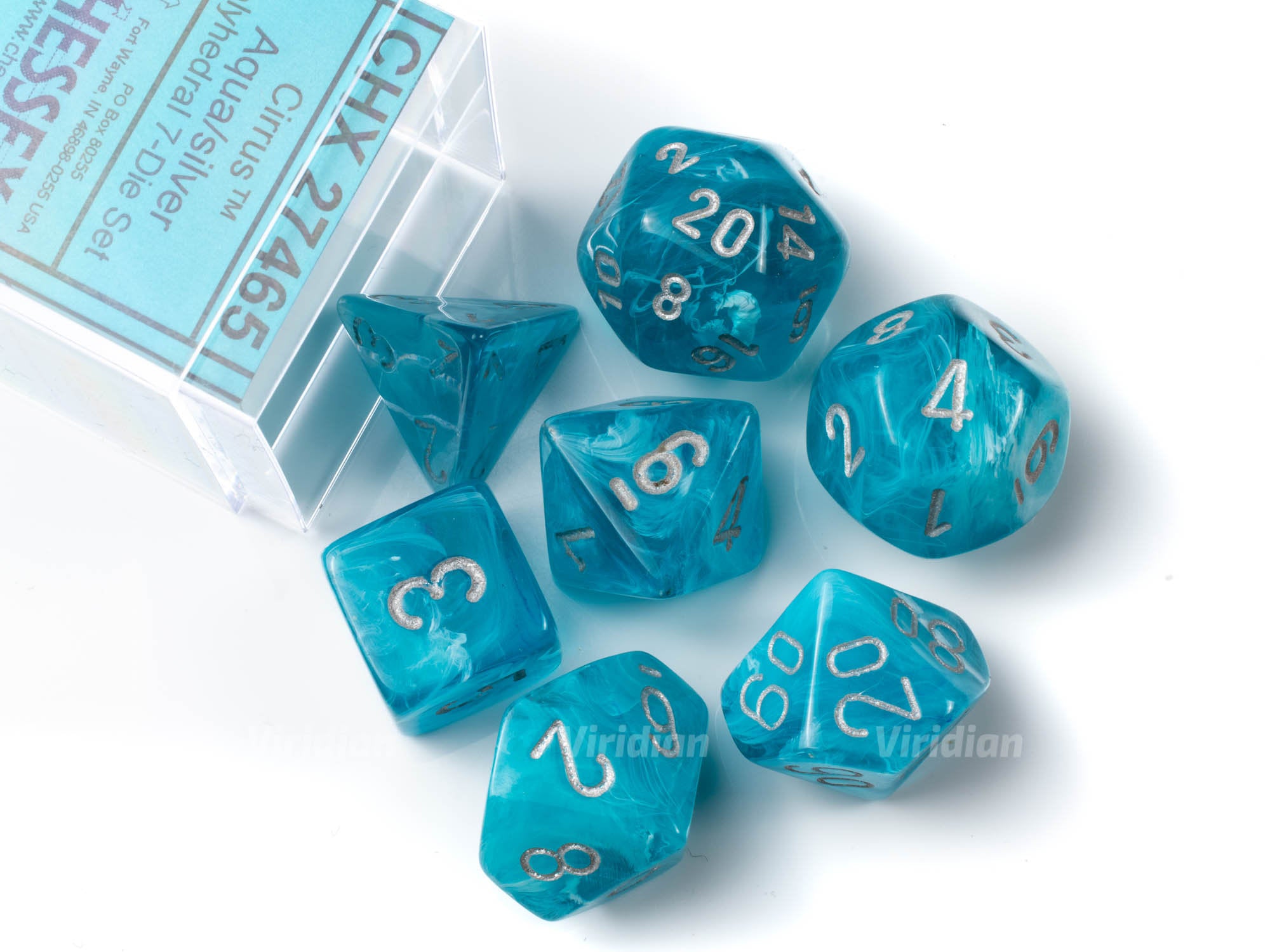 Cirrus Aqua & Silver | Chessex Dice Set (7) – Viridian Dice