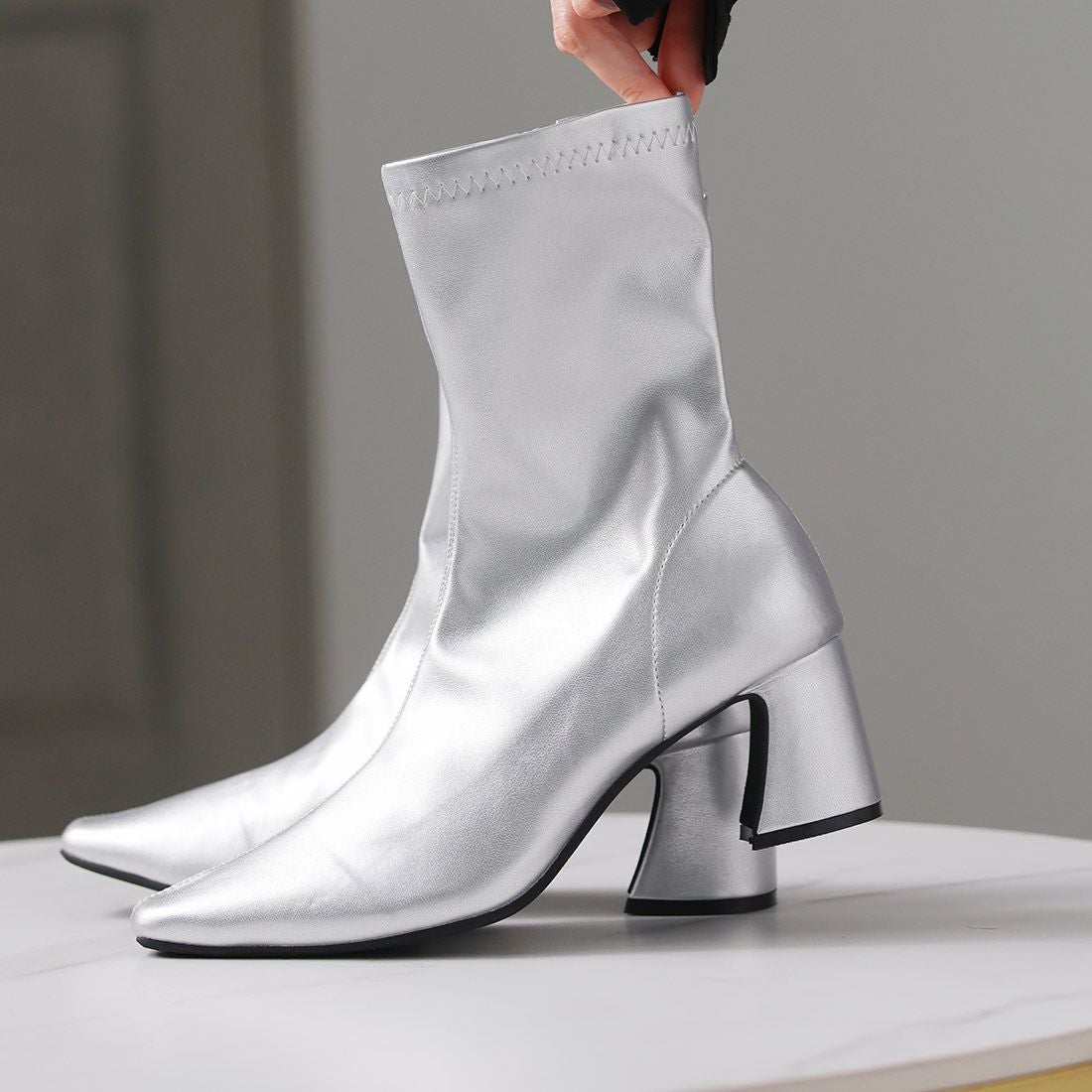 スクエアトゥチャンキーヒールストレッチミドルブーツ ｜靴