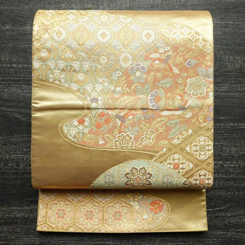 袋帯 本金二重箔 扇面花鳥 文六通柄 良品 フォーマル用 正絹 古典柄 箔