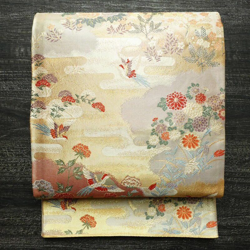 袋帯 本金二重箔 扇面花鳥 文六通柄 良品 フォーマル用 正絹 古典柄 箔