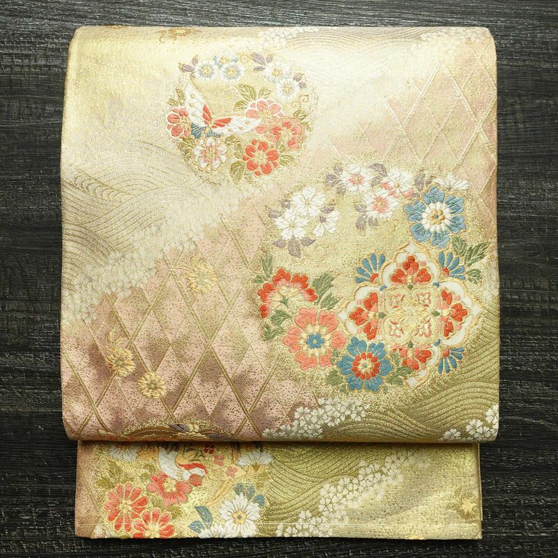 袋帯 本金二重箔 扇面花鳥 文六通柄 良品 フォーマル用 正絹 古典柄 箔