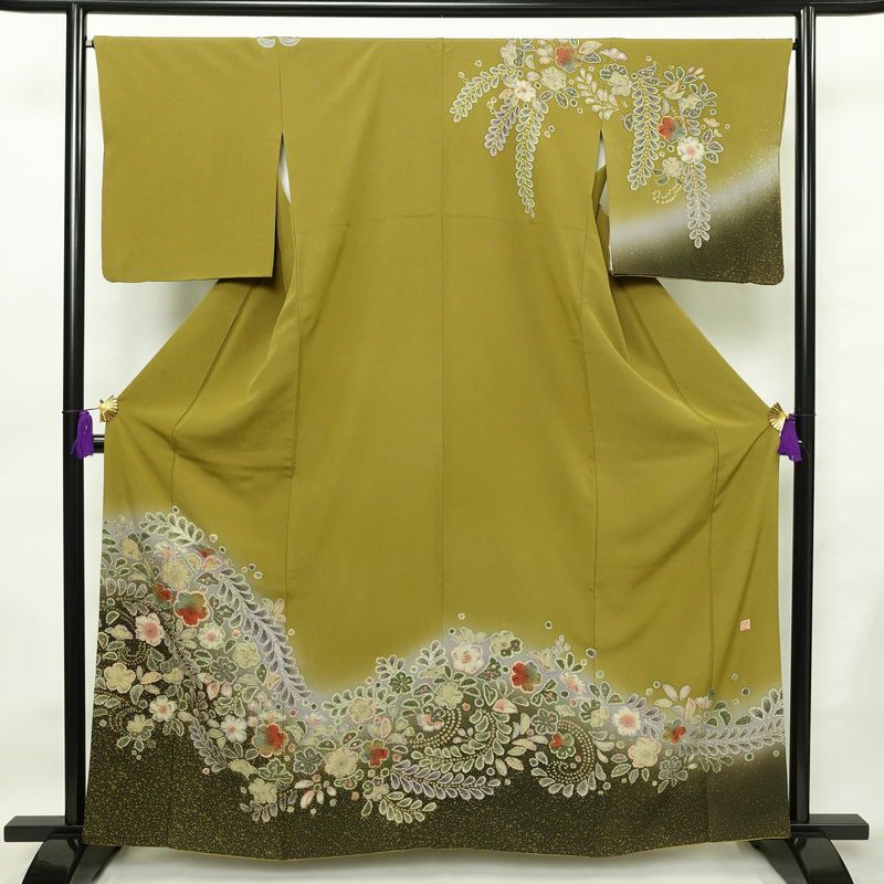 訪問着 辻が花 落款入り 縮緬 絞り 正絹 花柄 袷仕立て 身丈162cm 裄丈