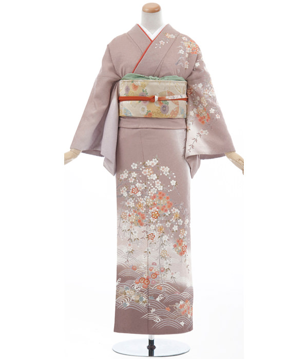 訪問着 薄ピンク紫に波文と四季の花 京都 着物 レンタル｜和凛