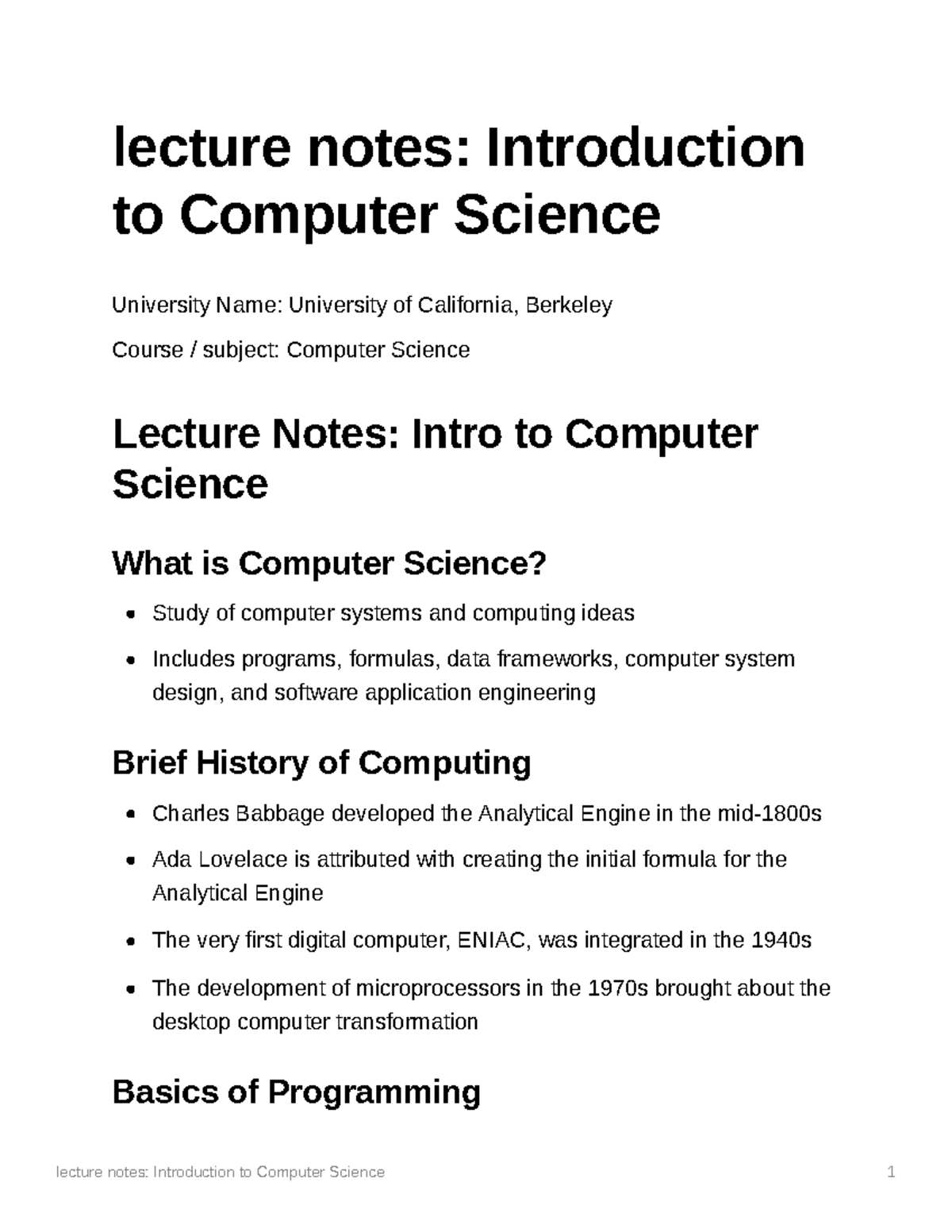 CS 101 Lecture Notes: Intro to Computer Science Concepts - Studocu