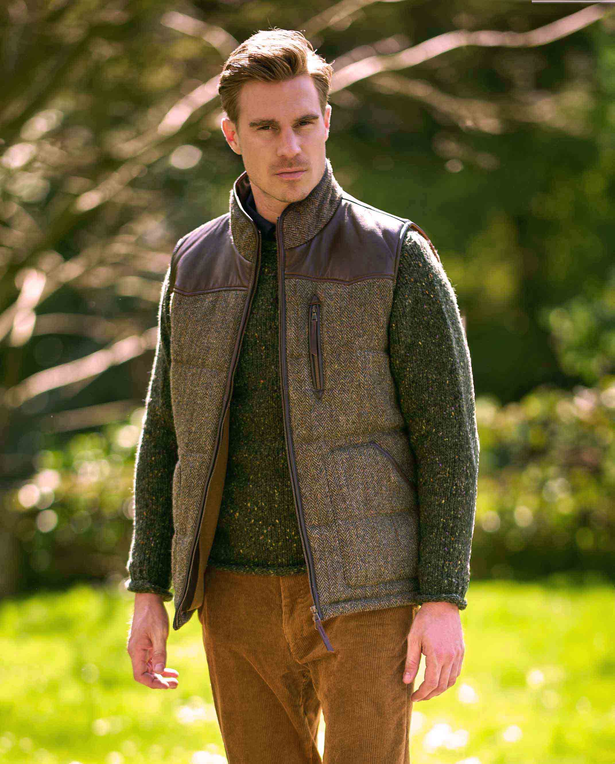 Lined Harris Tweed vest “Levi” with leather applications