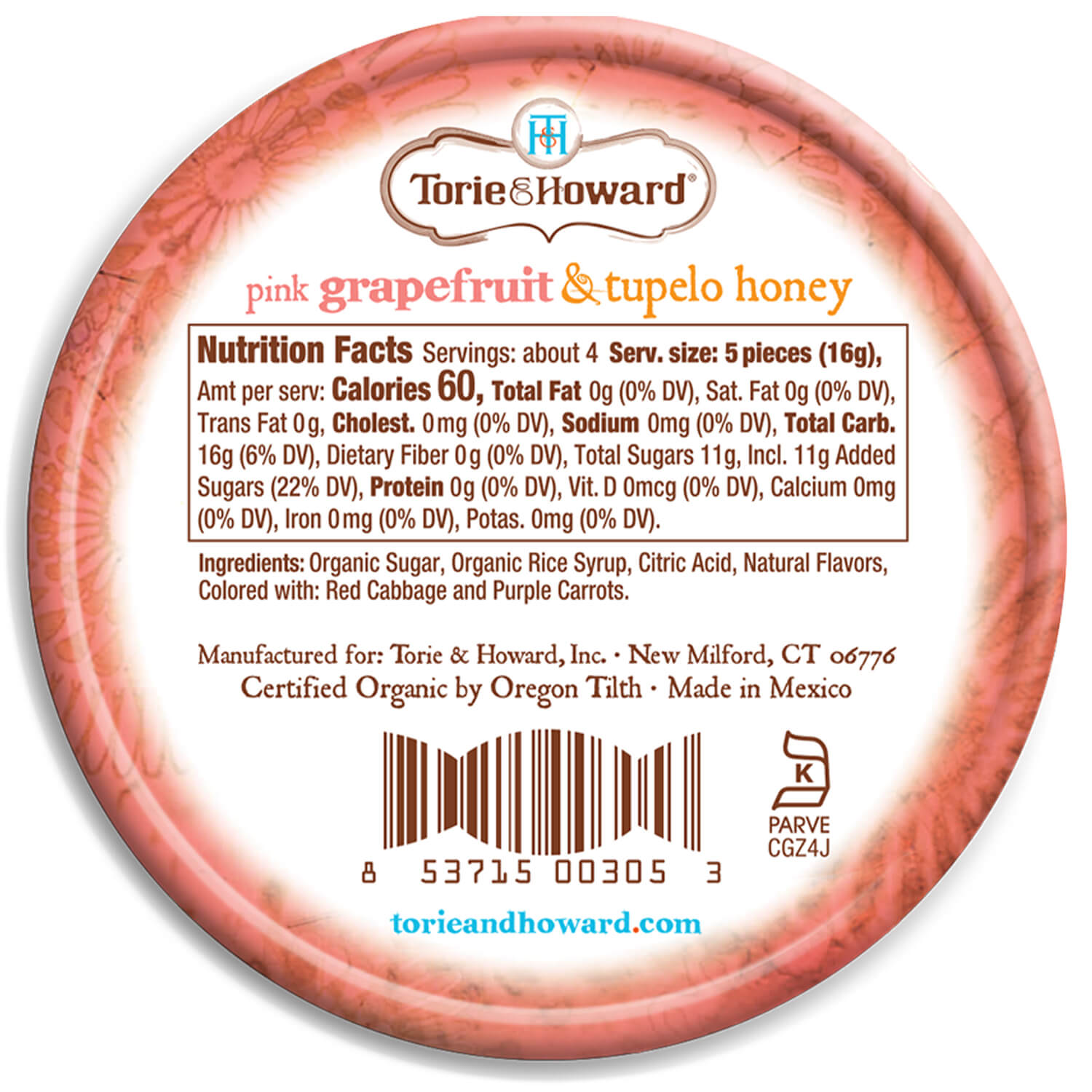 TORIE & HOWARD® Grapefruit and Tupelo Honey Organic Hard Candy
