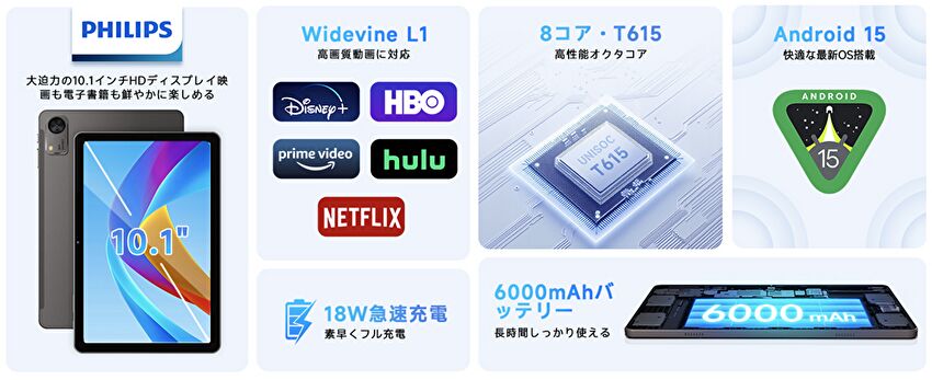 PHILIPS T7315、UNISOC T615搭載の10インチ Android タブレット