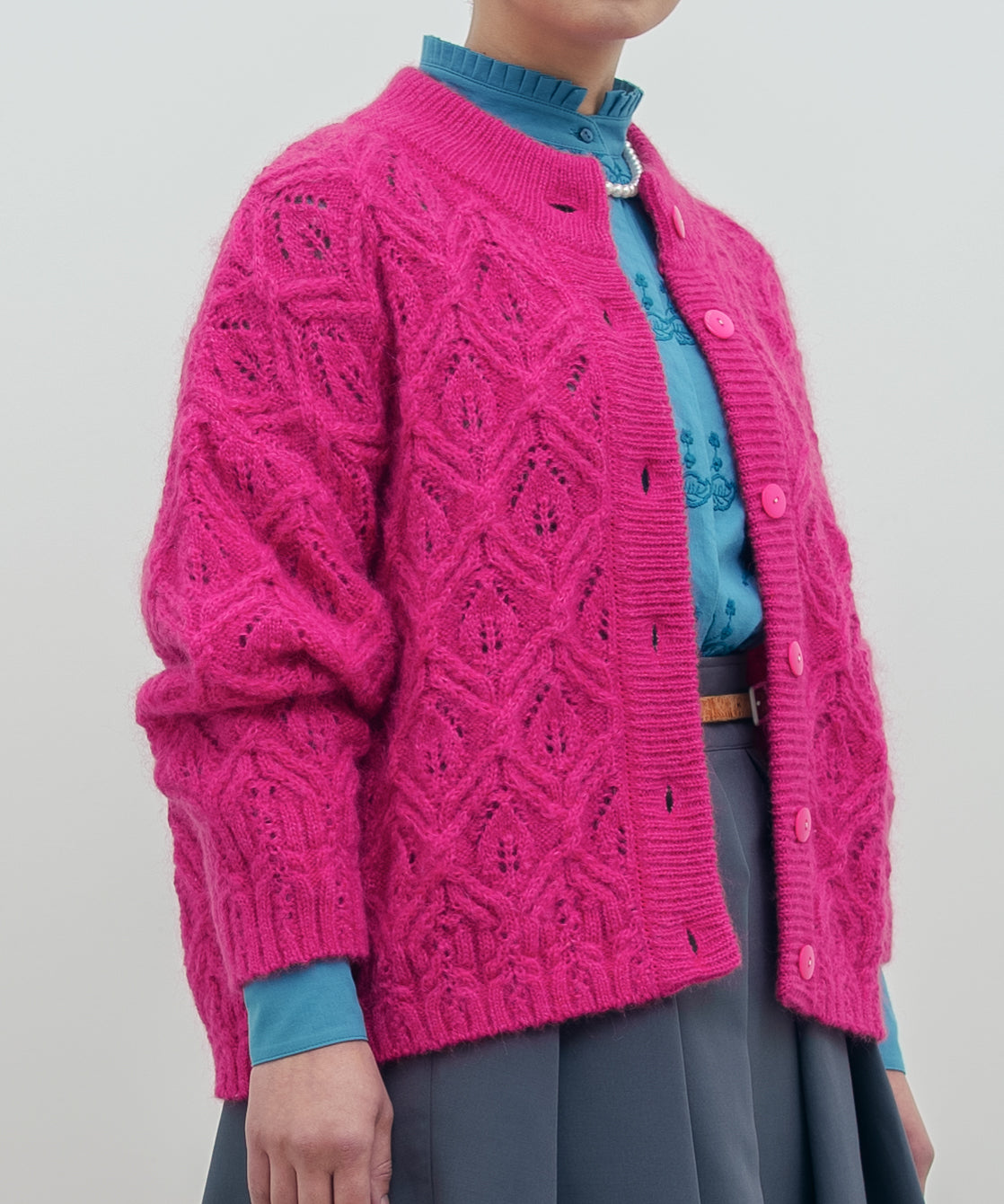 キッドモヘヤ×ウール×アルパカ×シルク〉リーフ模様編み カーディガン