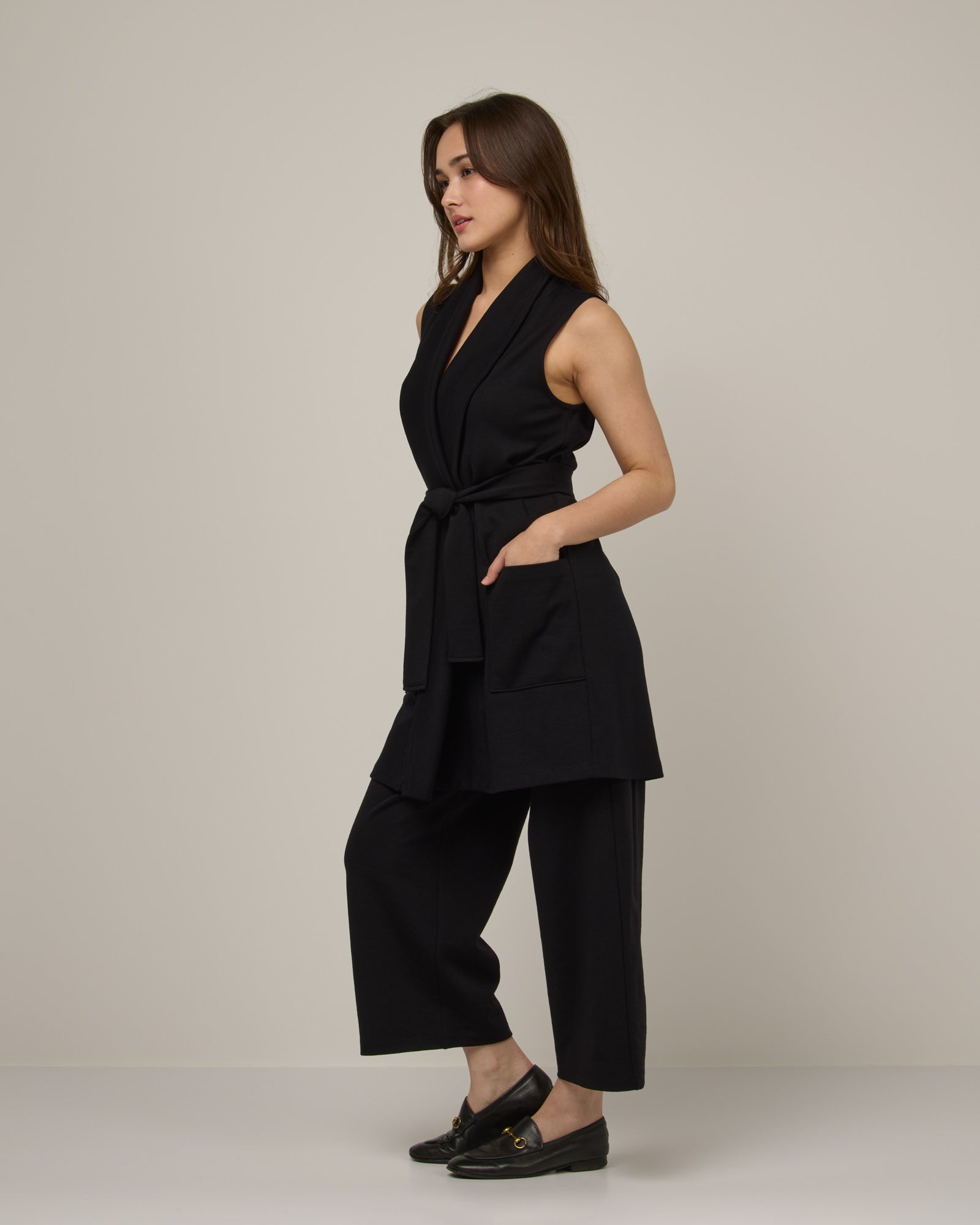 Dylan Merino Wool Belted Vest - Black – Dylan Ponte Vest | wool&