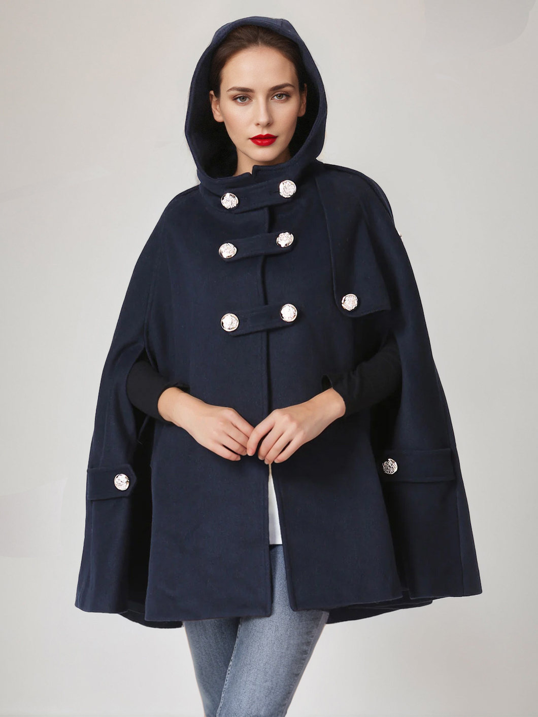 フード付きウールブレンドケープコート ダークネイビー ダブルブレスト