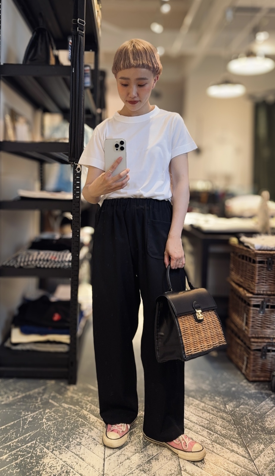 ウールギャバ後染めパッチポケットギャザーパンツ(BK)