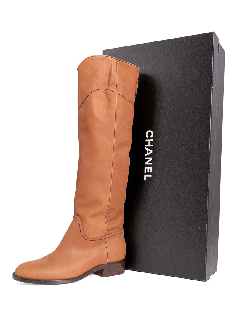 CHANEL CC Logo Leather Pull On Flat Boots Brown