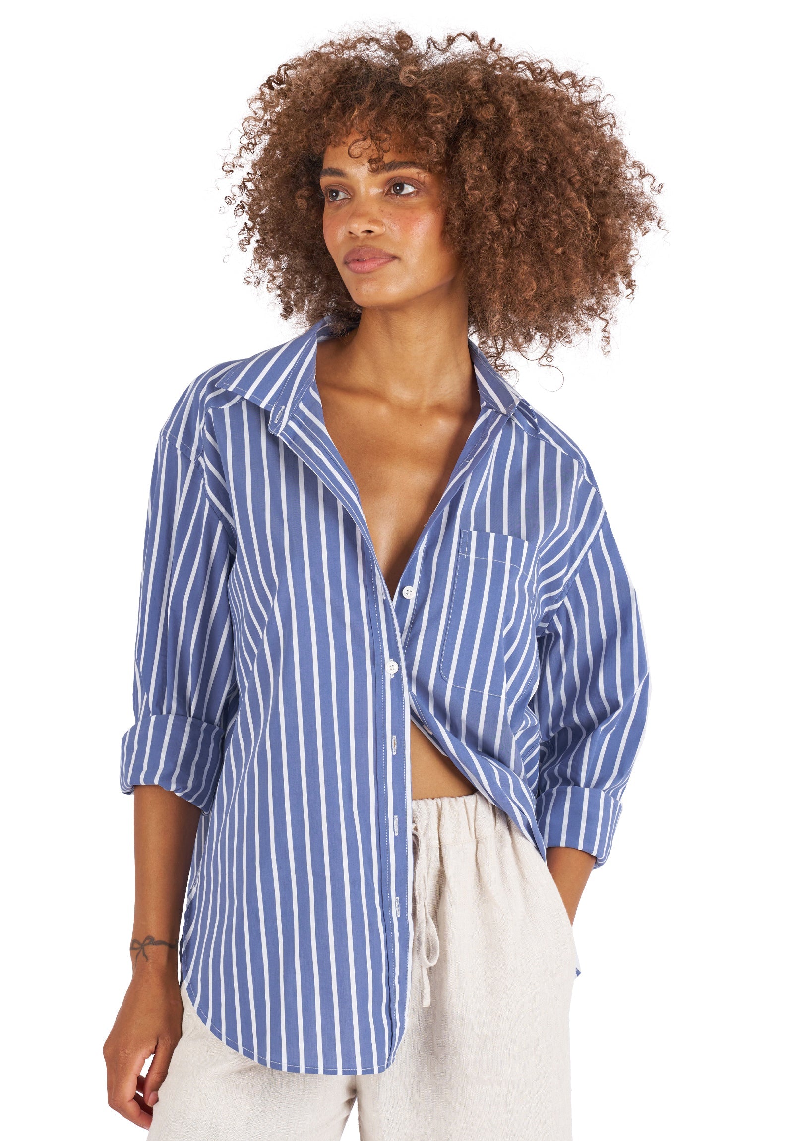 Poppy-Cotton Dark Blue Stripes Oversized Cotton Shirt – camixa.com