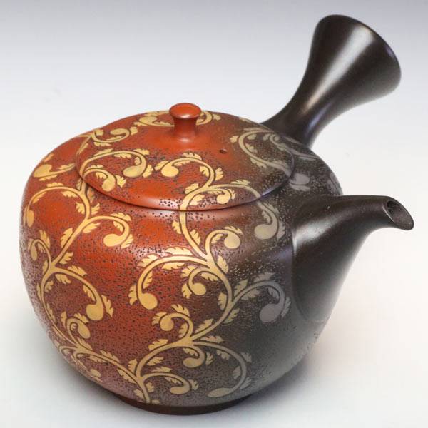 間野舜園 燻朱泥唐草紋急須 常滑焼 彫急須 満容量290ml 高級煎茶急須