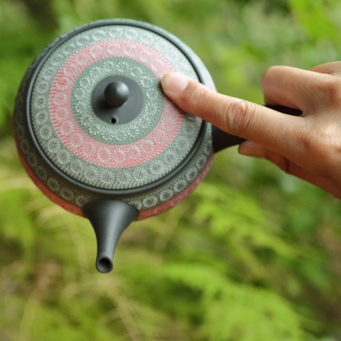 磯部輝之 極平薄緑ピンク印花急須 満容量320ml 日本茶中国茶用横手