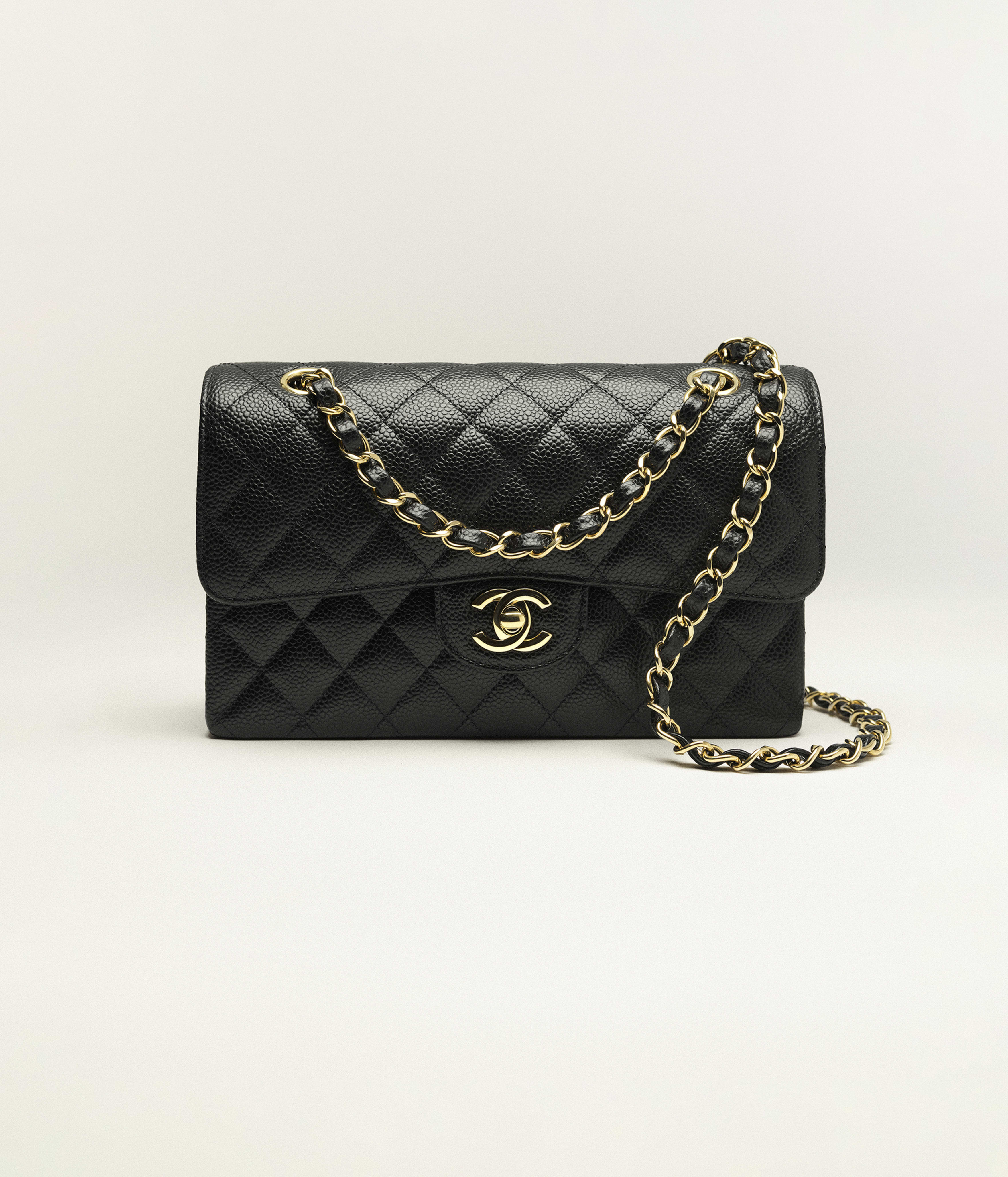 Small classic handbag, Grained calfskin & gold-tone metal, black