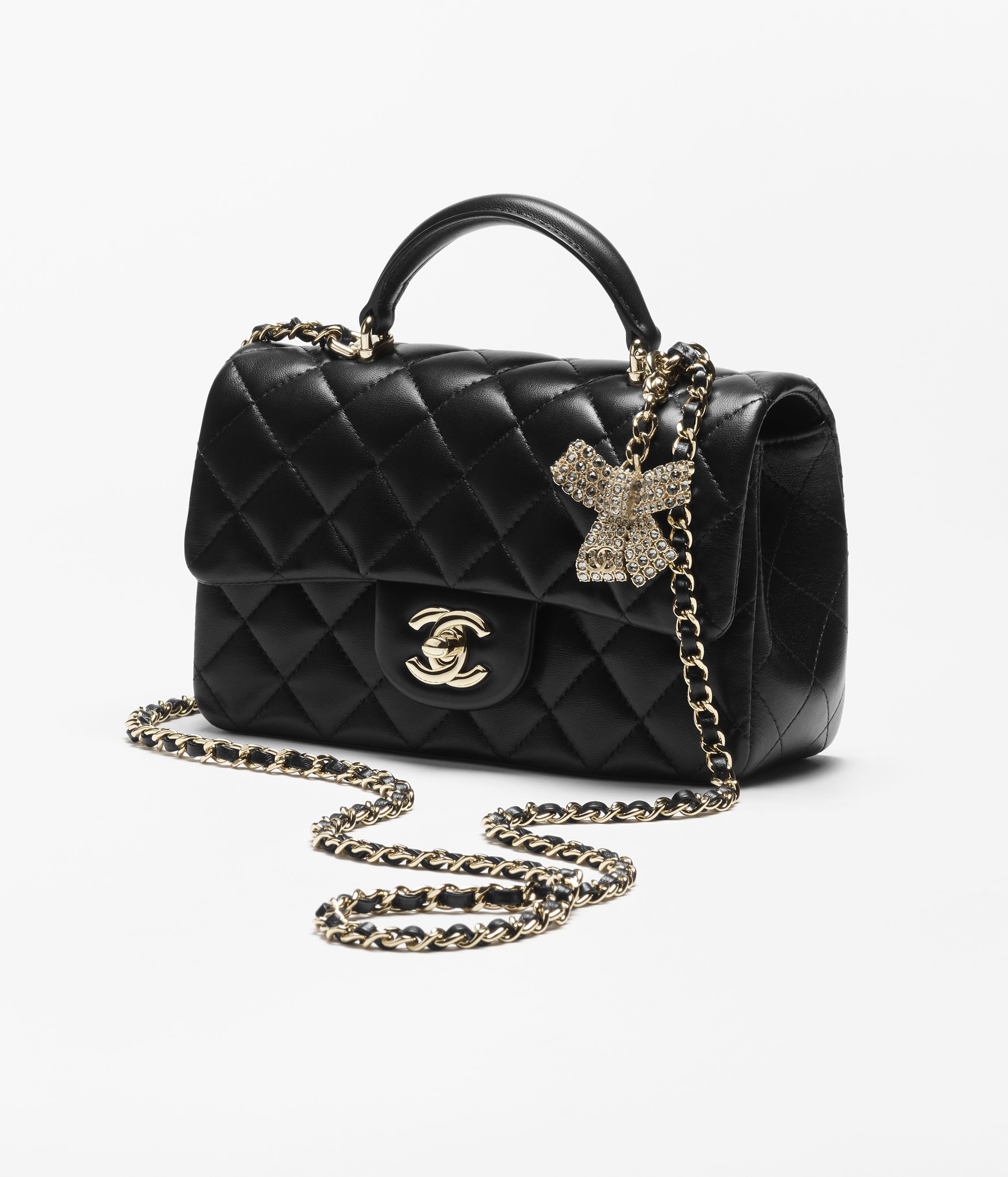 Mini classic handbag with top handle, Lambskin, strass & gold-tone