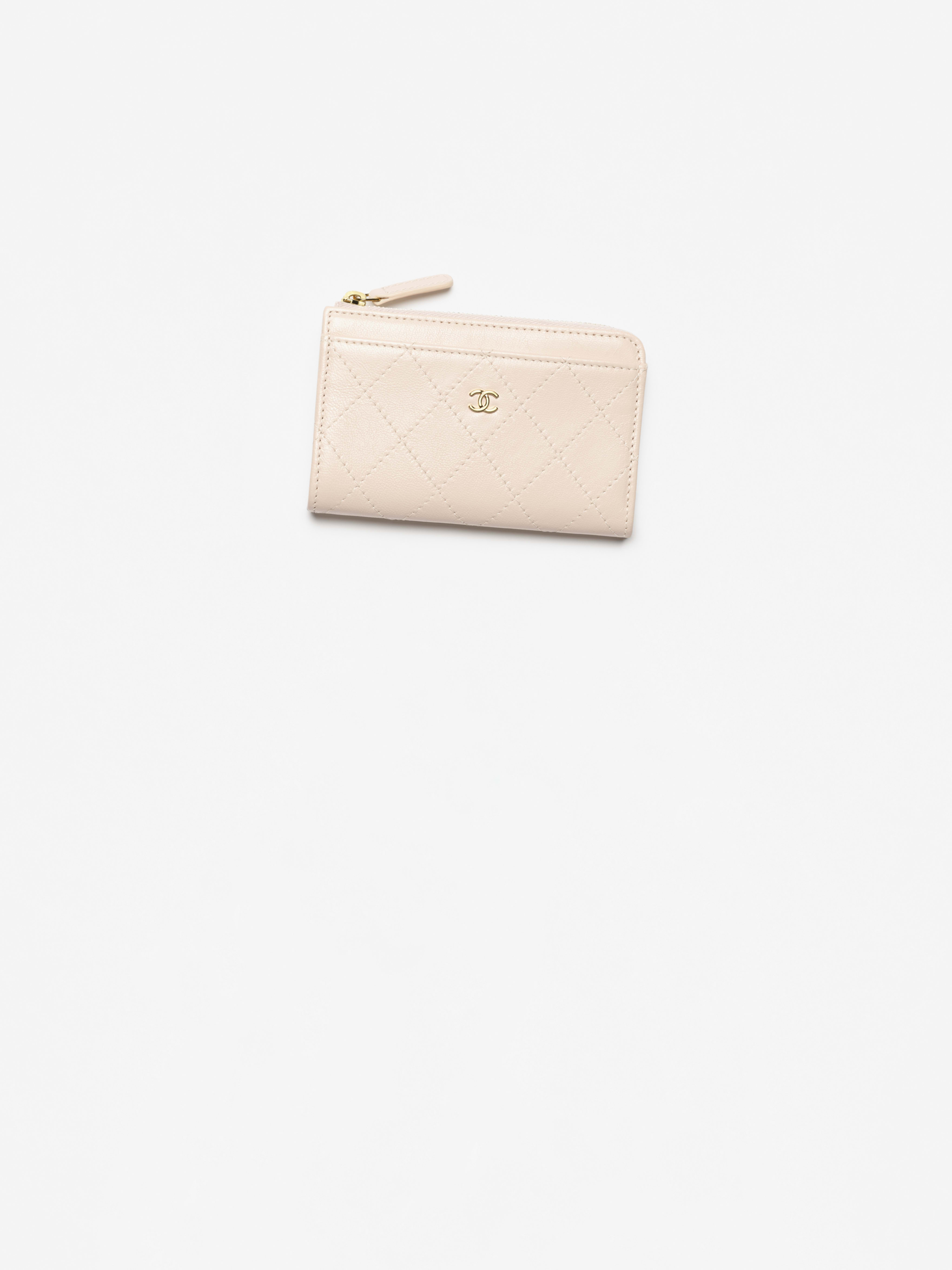 ジップ カードケース - グレインド ゴートスキン、ベージュ