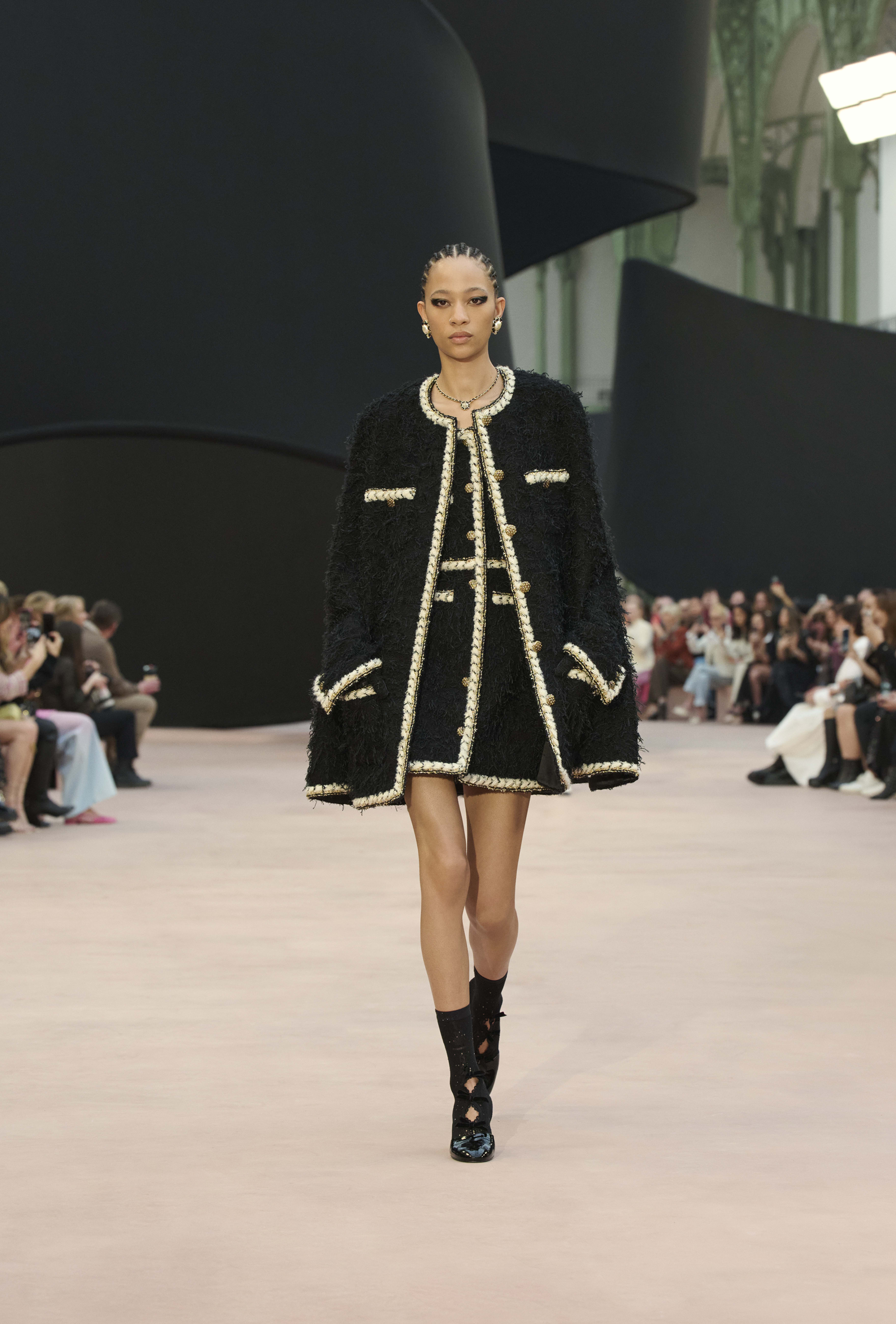 ショート ドレス - ウール ツイード、ブラック & エクリュ