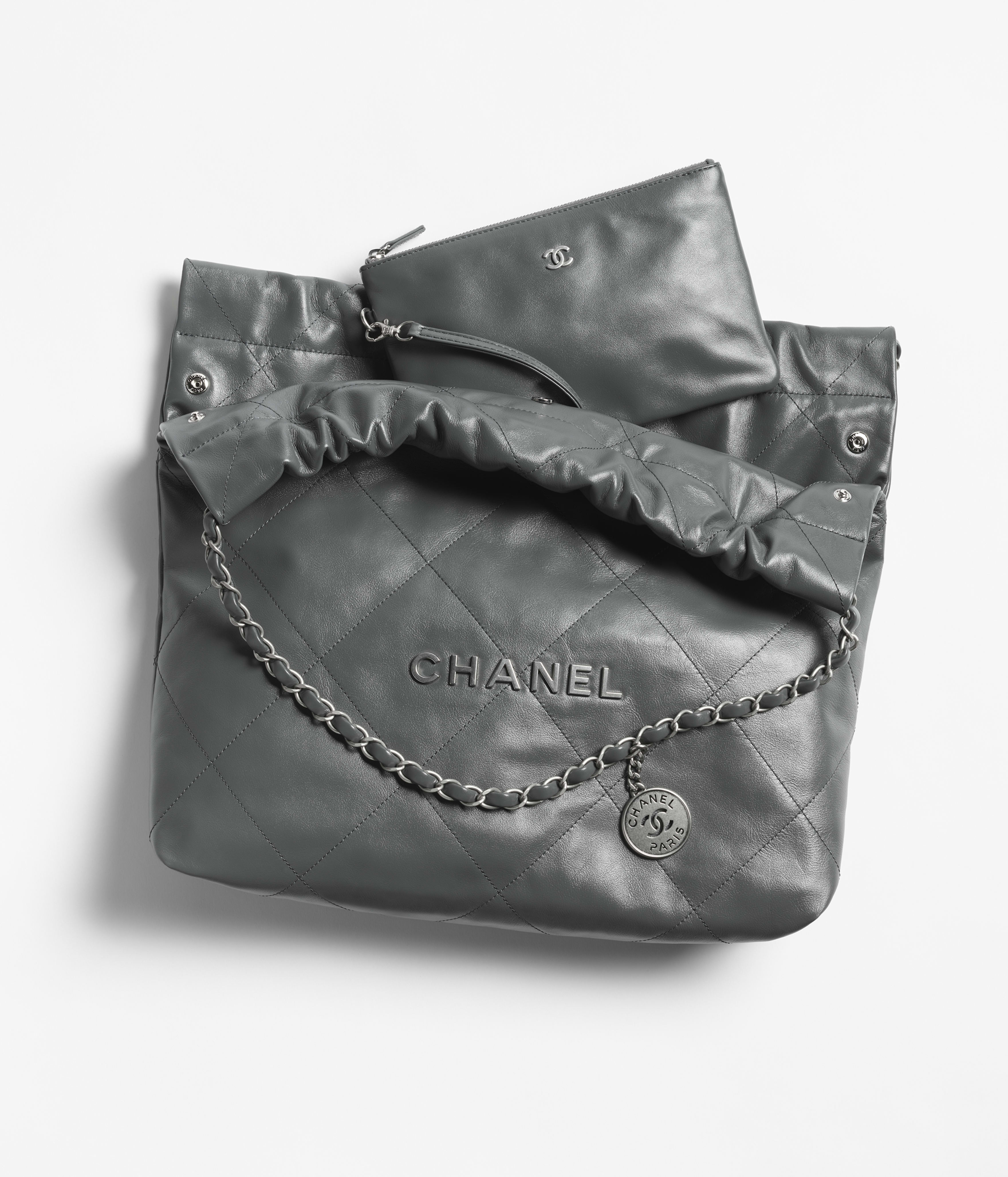 Chanel 22 handbag, Shiny calfskin & silver-tone metal , dark grey