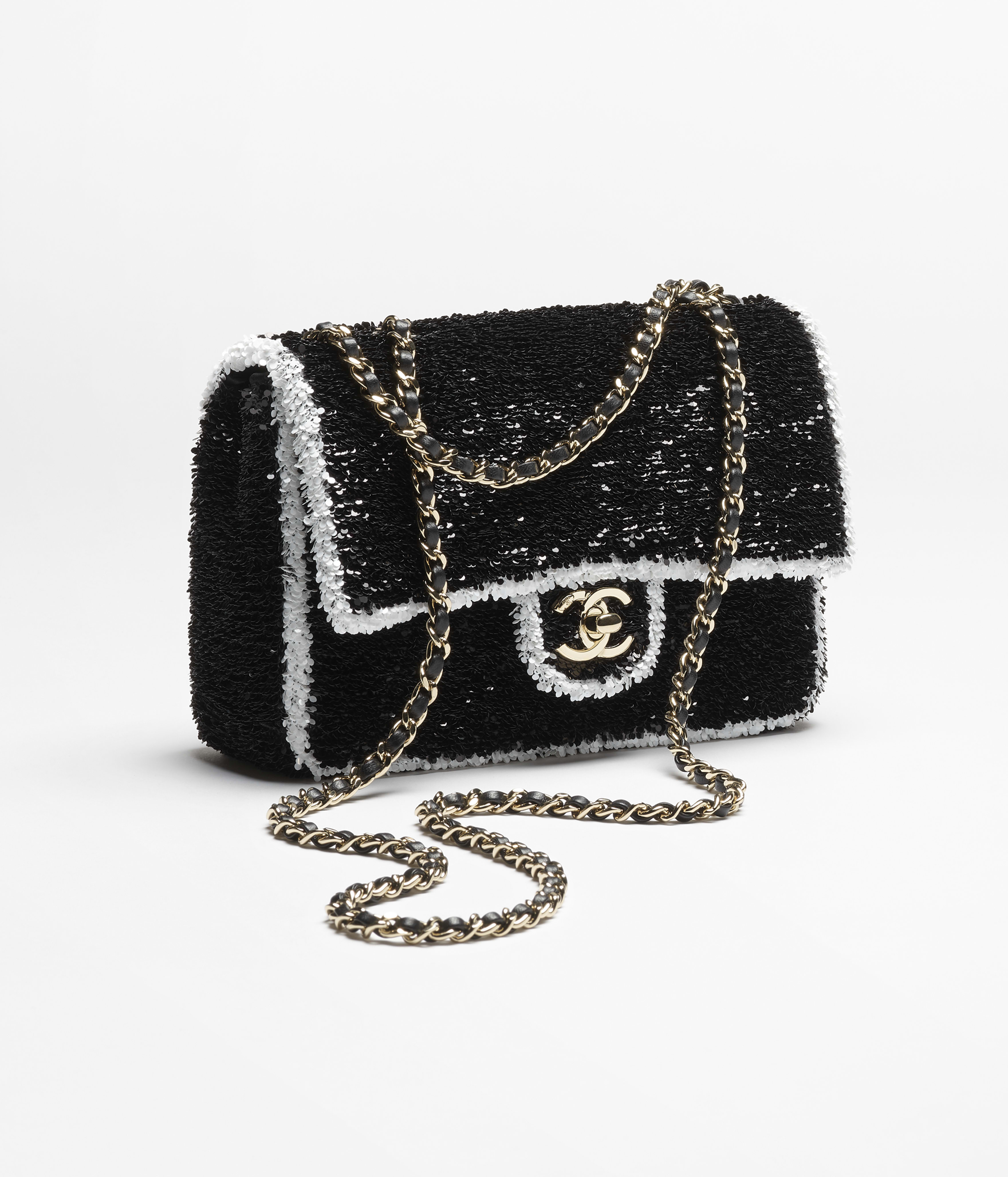 フラップ バッグ、スパンコール、ブラック & ホワイト — ファッション