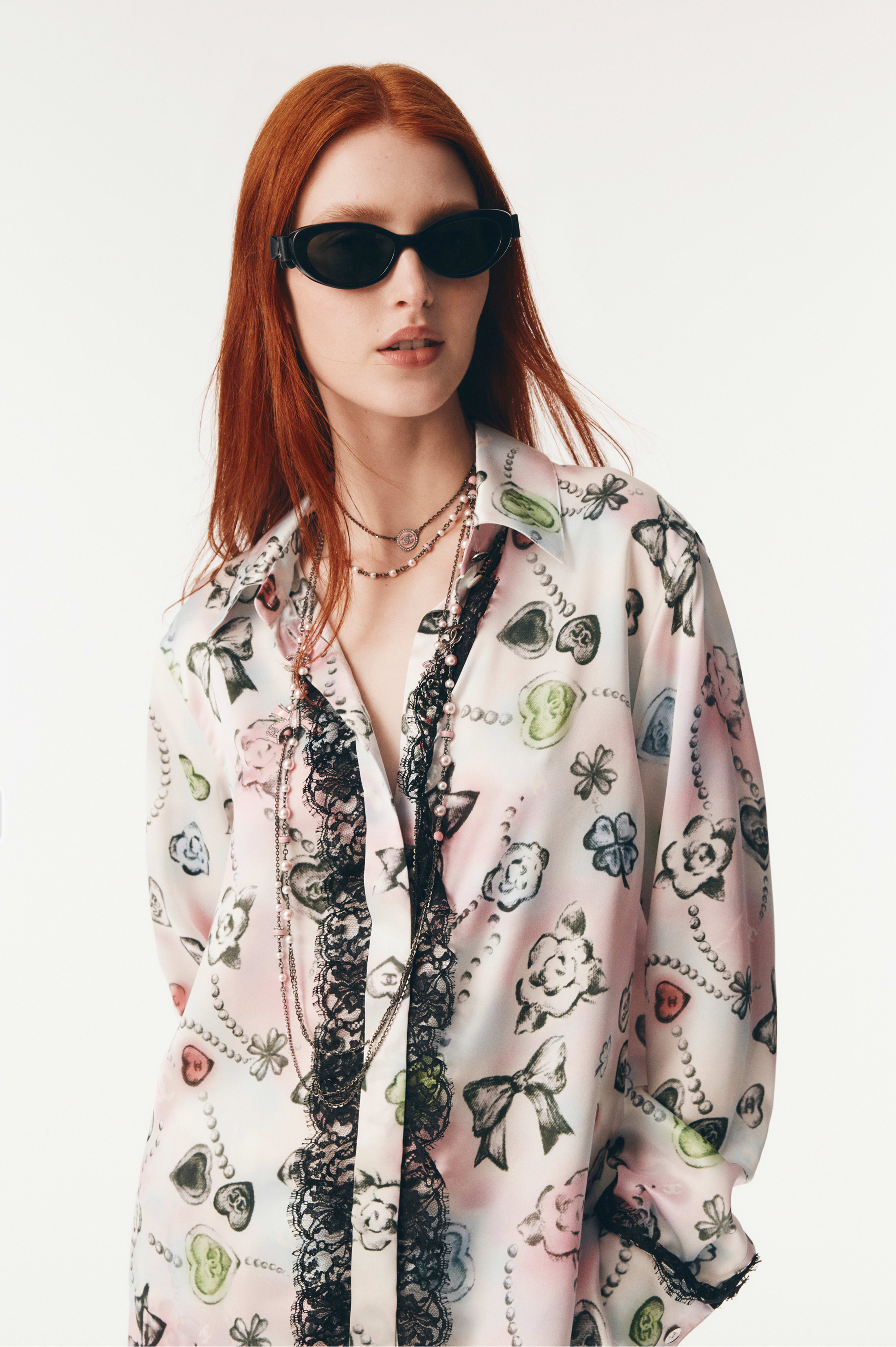 ロングスリーブ シャツ - プリント シルク サテン & レース、ピンク