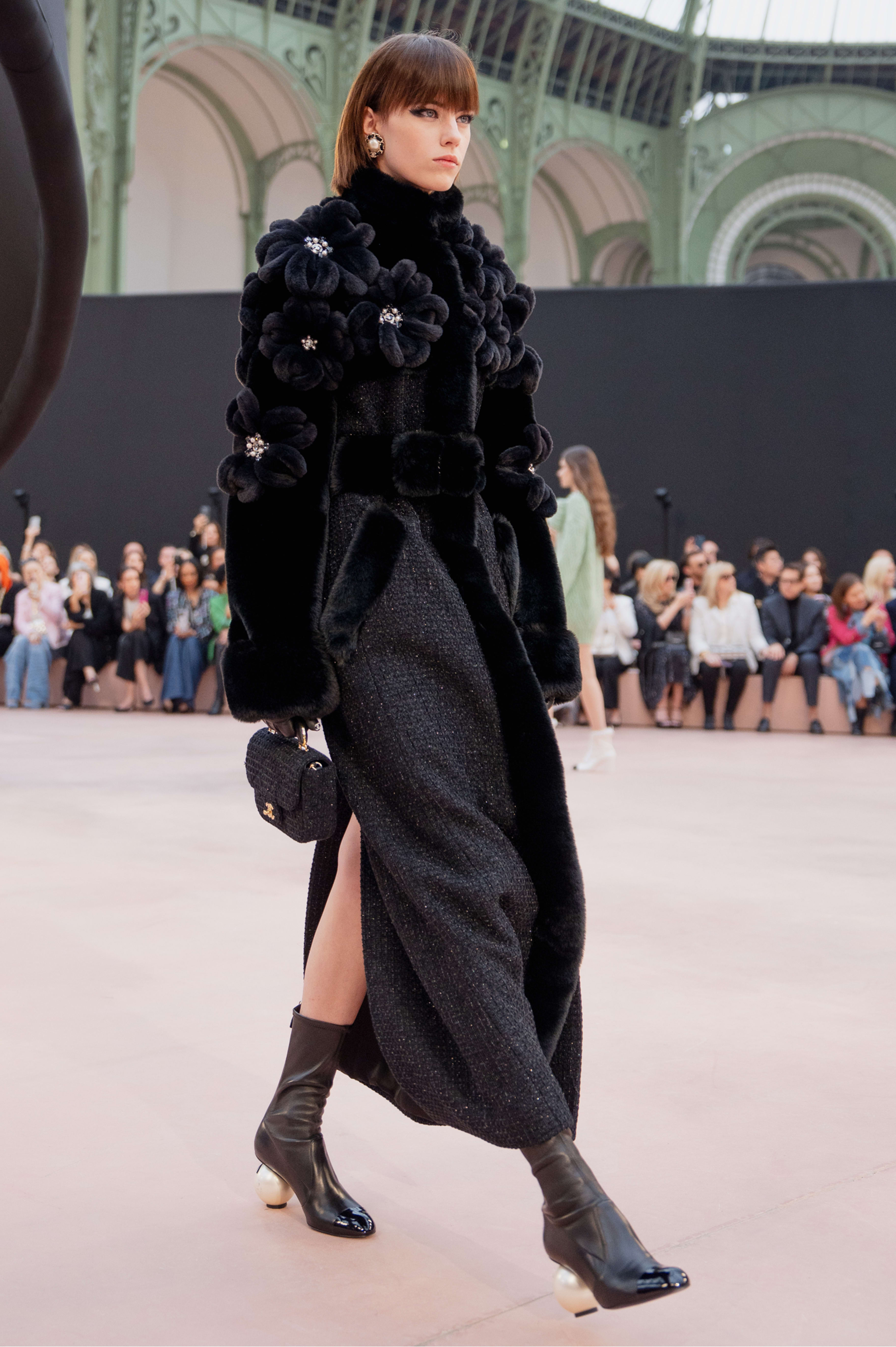 コート - クリスタル エンブロイダリー コットン ツイード、ブラック