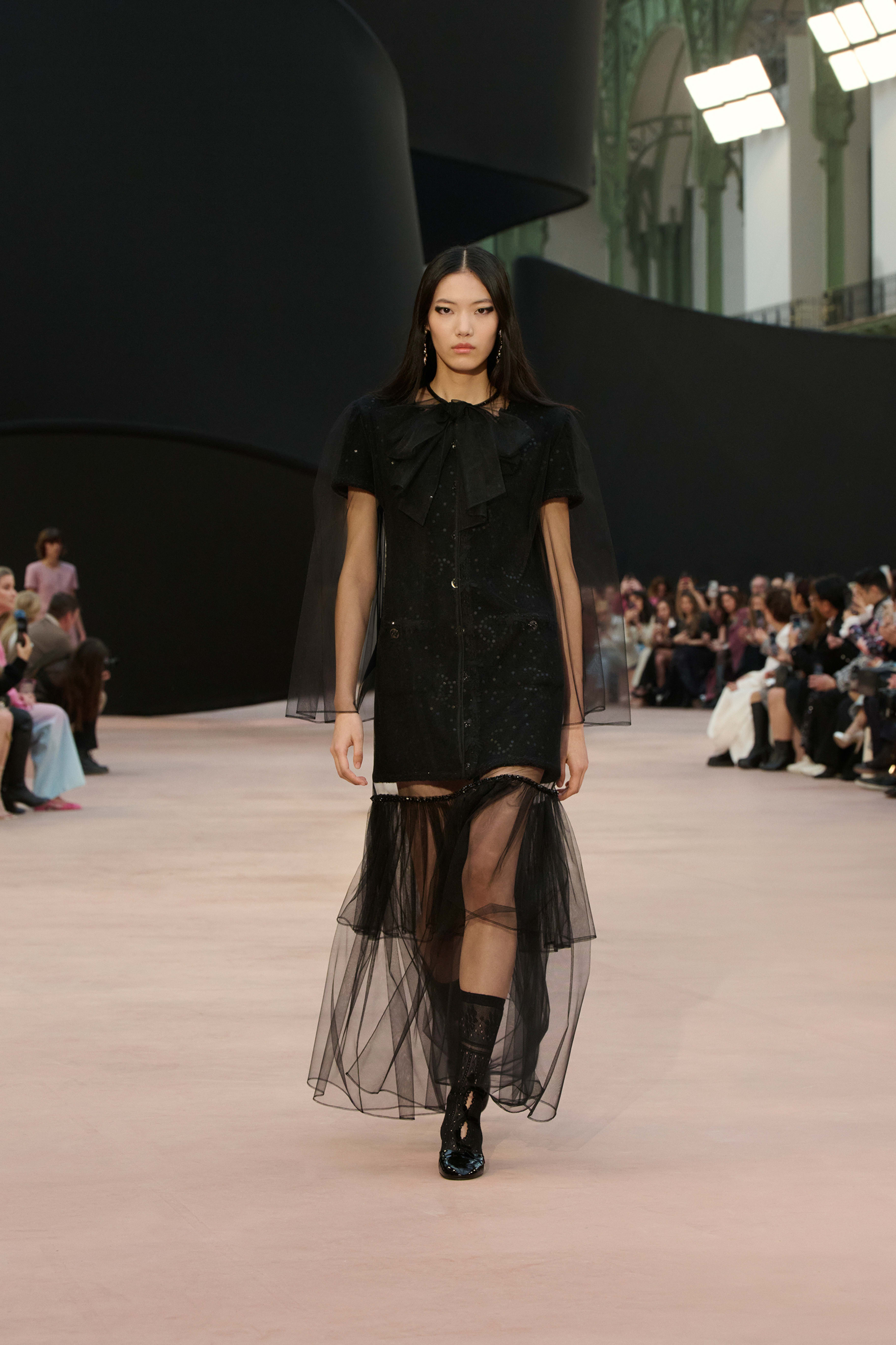 ロング ドレス - スパンコール エンブロイダリー チュール、ブラック