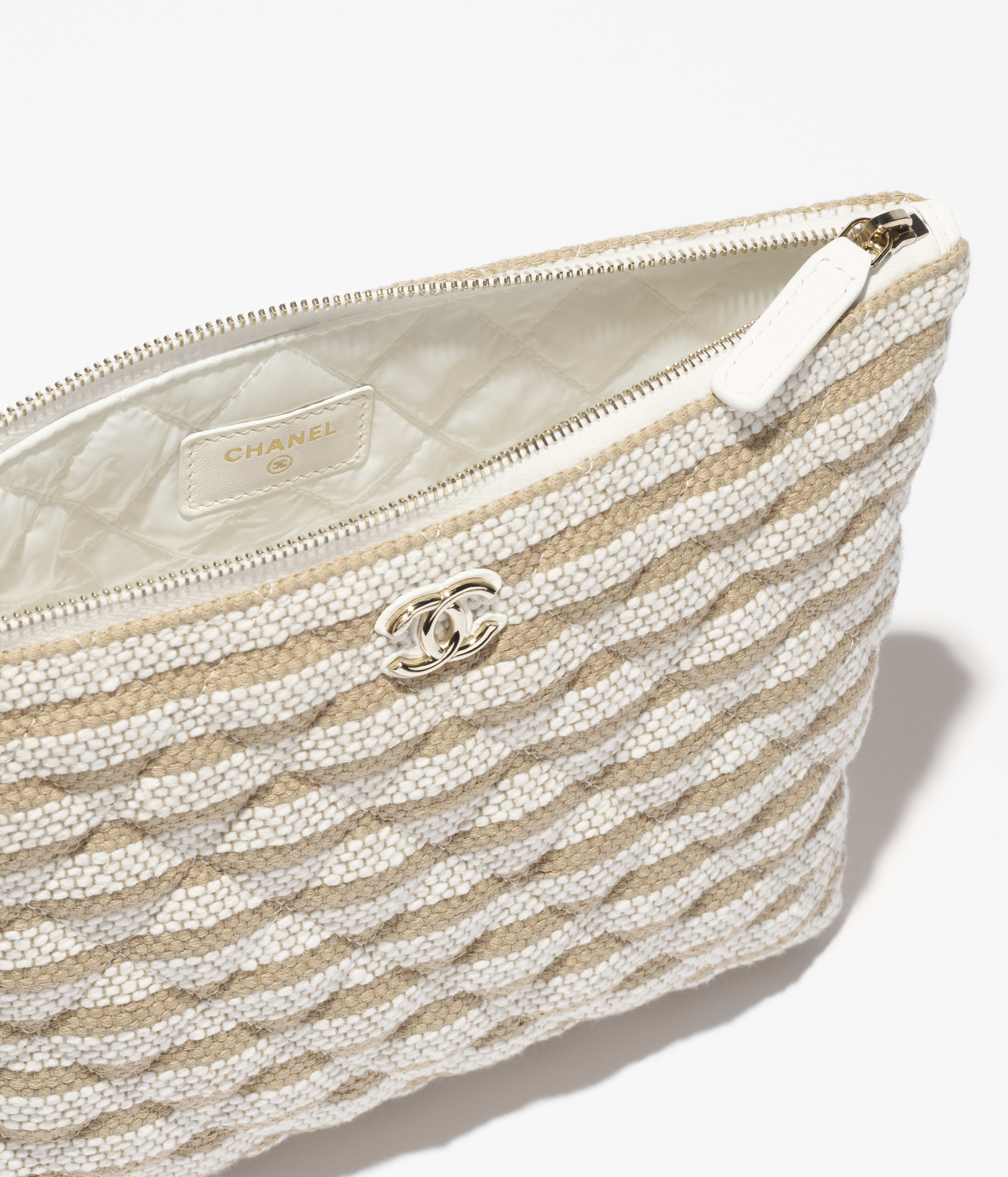 Zipped case - Printed fabric & gold-tone metal, light beige & dark
