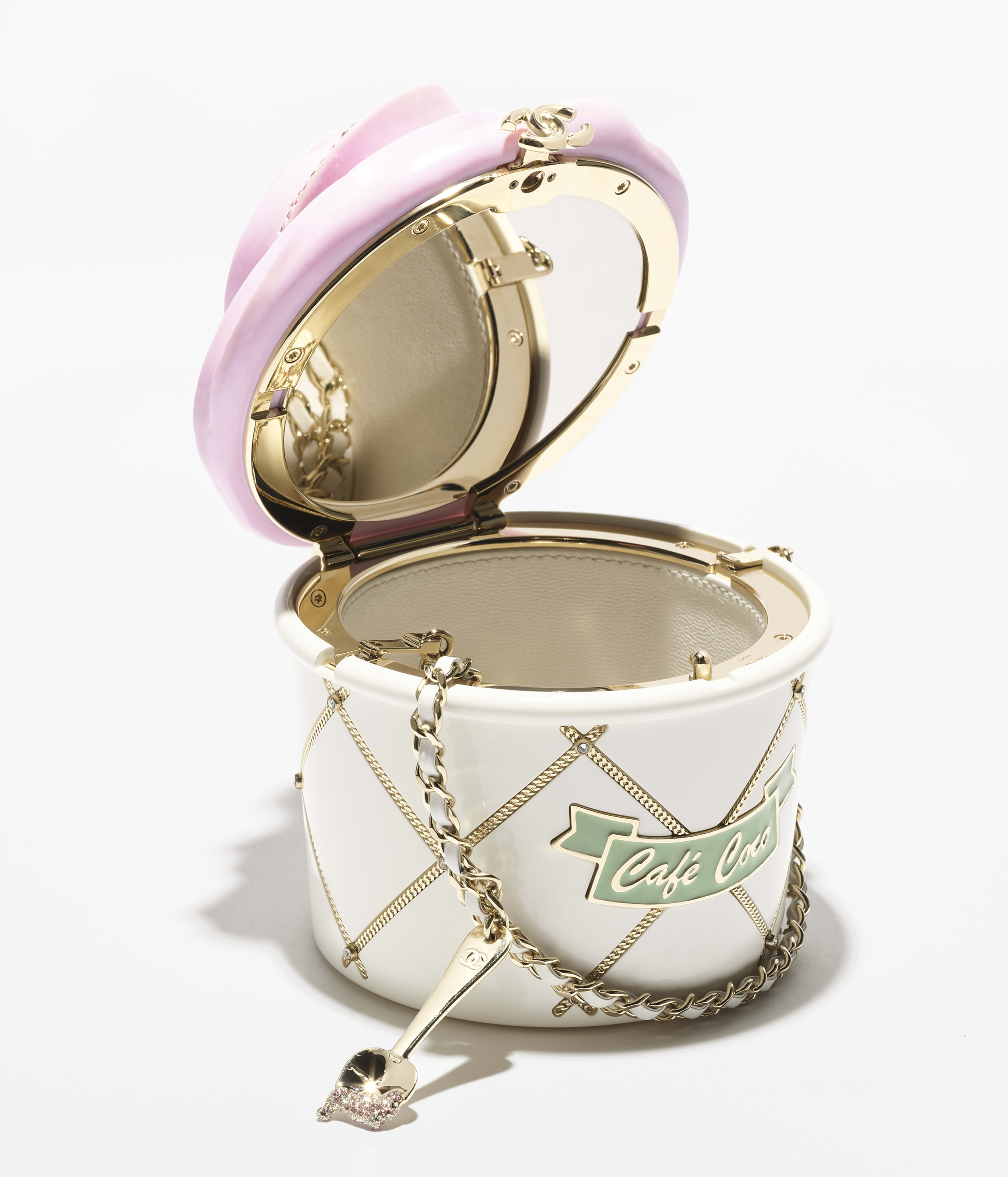 Ice cream minaudiere, Plexi, strass & gold-tone metal, white, pink