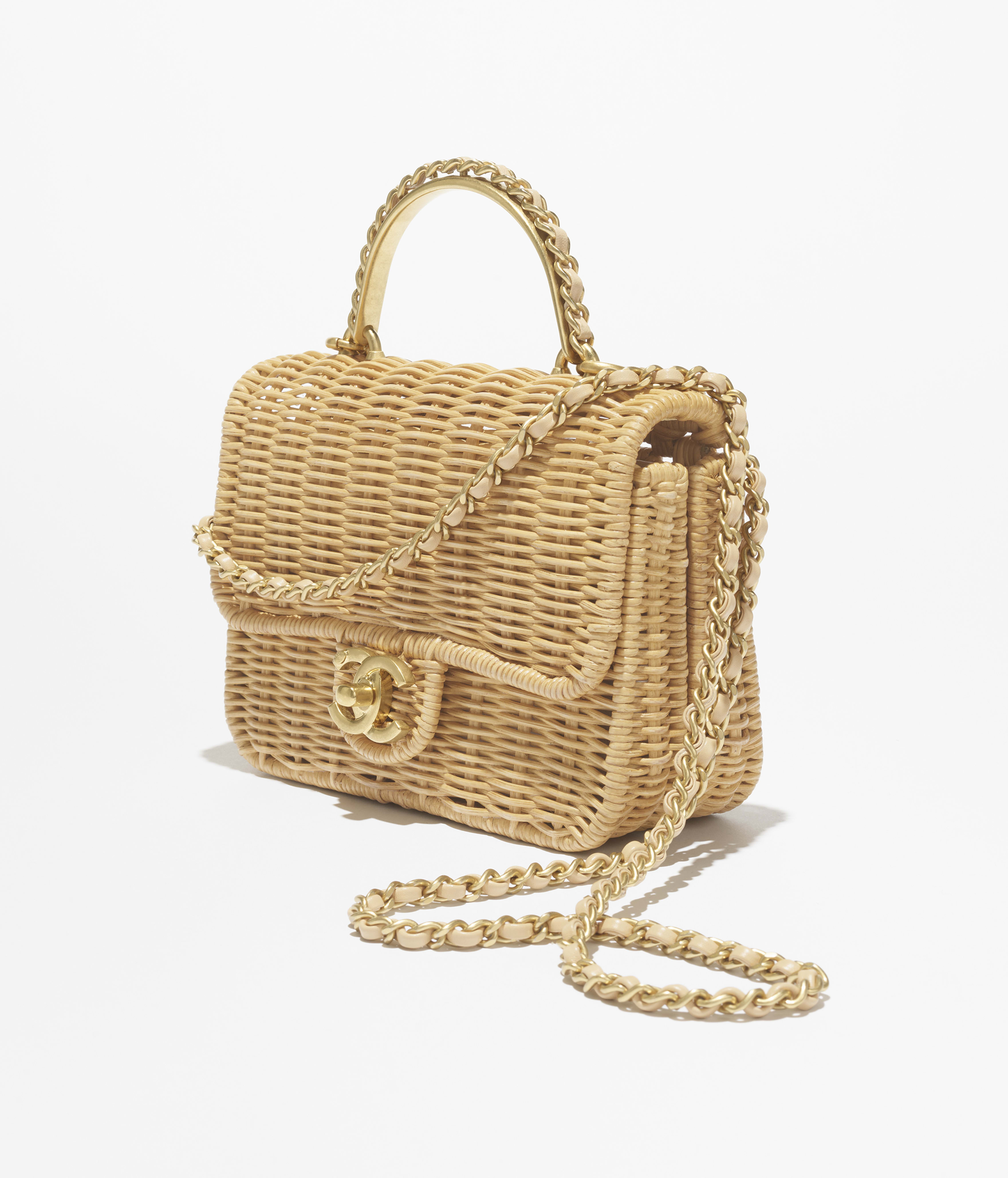 Mini flap bag with top handle, Braided rattan & gold-tone metal
