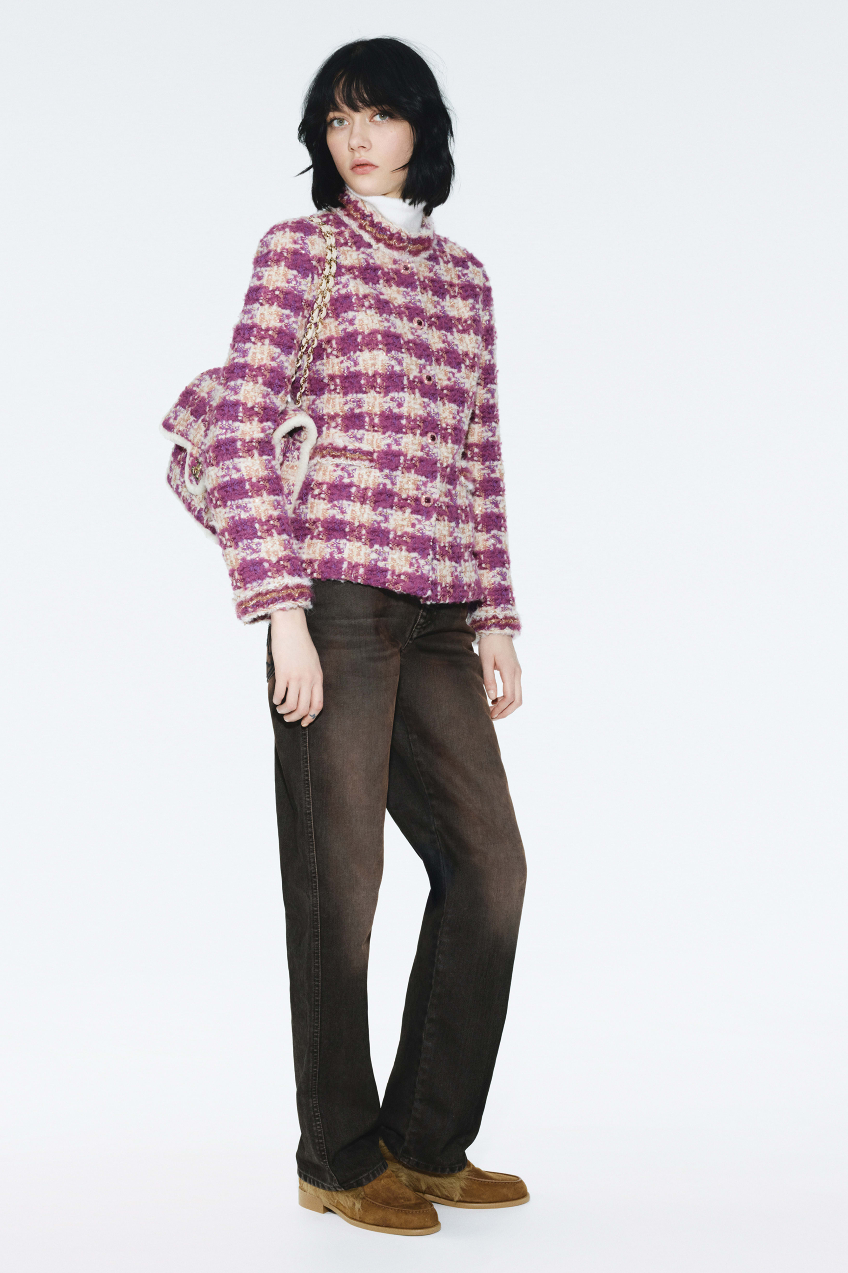 ジャケット - ウール & アルパカ ツイード、ピンク、パープル