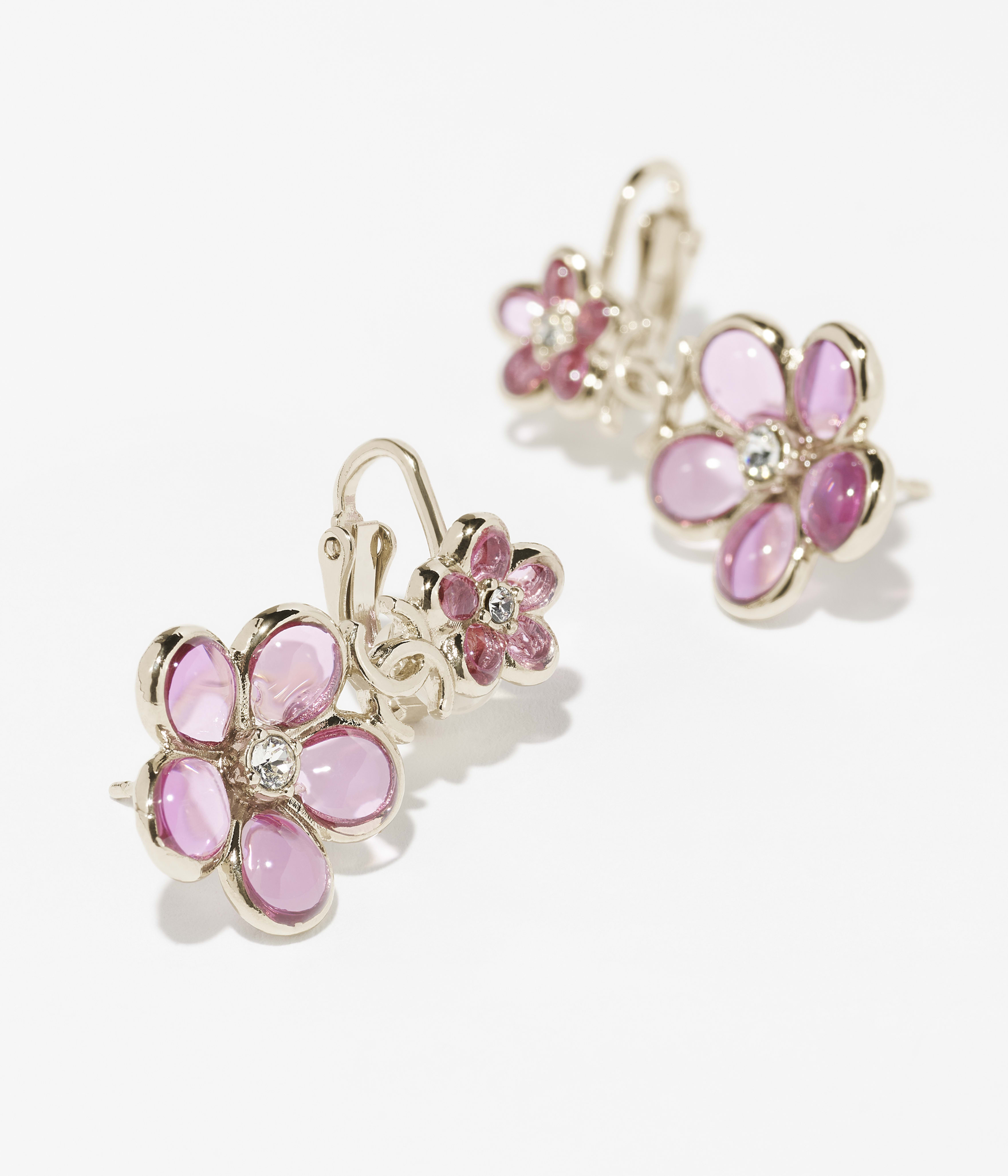 ピアス - メタル、レジン & ストラス、ゴールド、ピンク & クリスタル