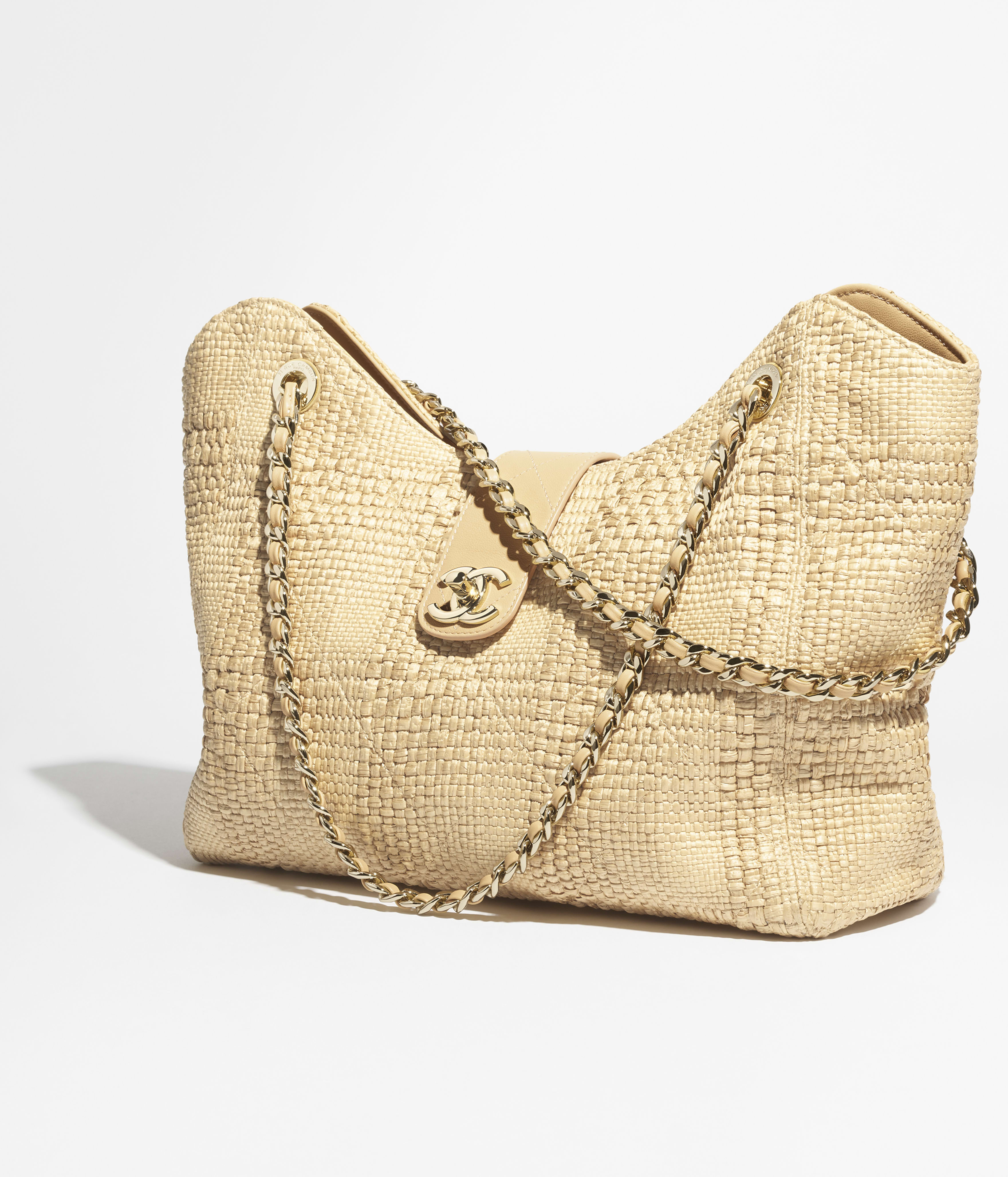 Shopping bag, Braided raffia & gold-tone metal, beige — Fashion